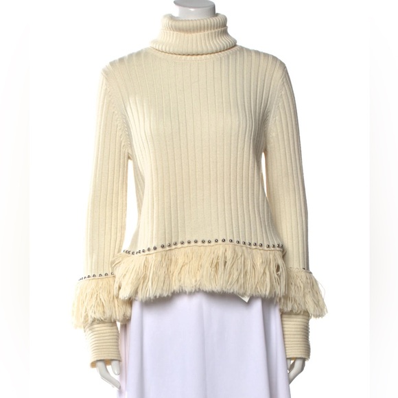 Jonathan Simkhai Cream Turtleneck Sweater with Fringe